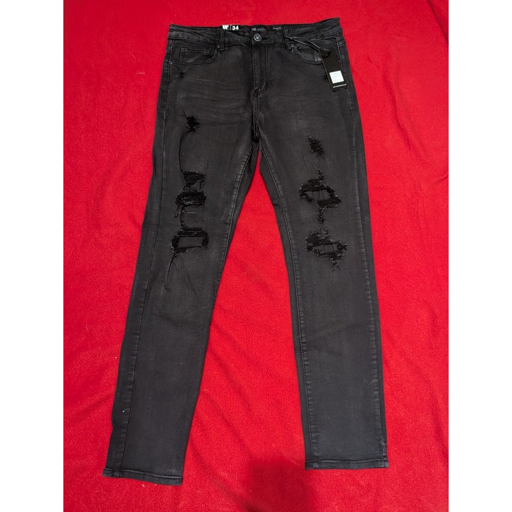 Waimea Mens Blackwash Skinny Fit Distressed Denim Jeans BOM5759D Size 34/31 NEW